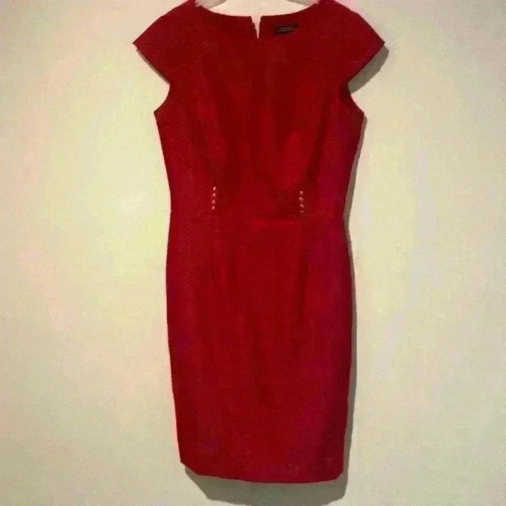 Tahari Arthur S.Levine women’s sheath red midi dress lined cap sleeves size 8